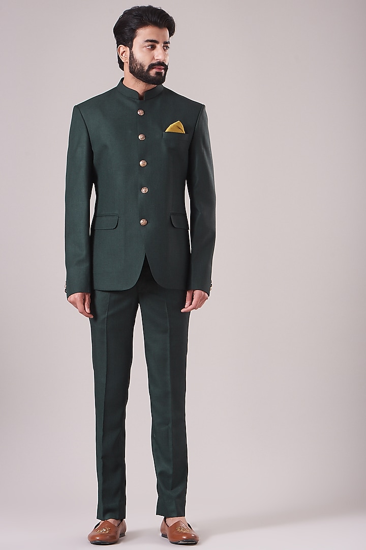 Bottle Green Viscose Blend Bandhgala Jacket Set by Manish Nagdeo Men