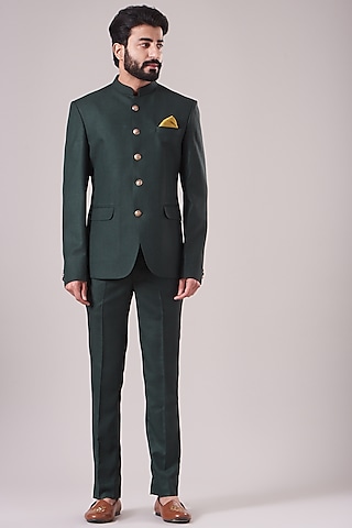 Bottle Green Viscose Blend Bandhgala Jacket Set by Manish Nagdeo Men