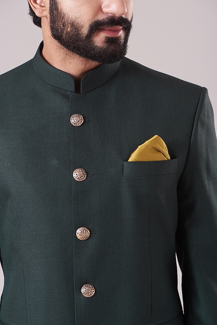 Bottle Green Viscose Blend Bandhgala Jacket Set by Manish Nagdeo Men at Pernia's Pop Up Shop