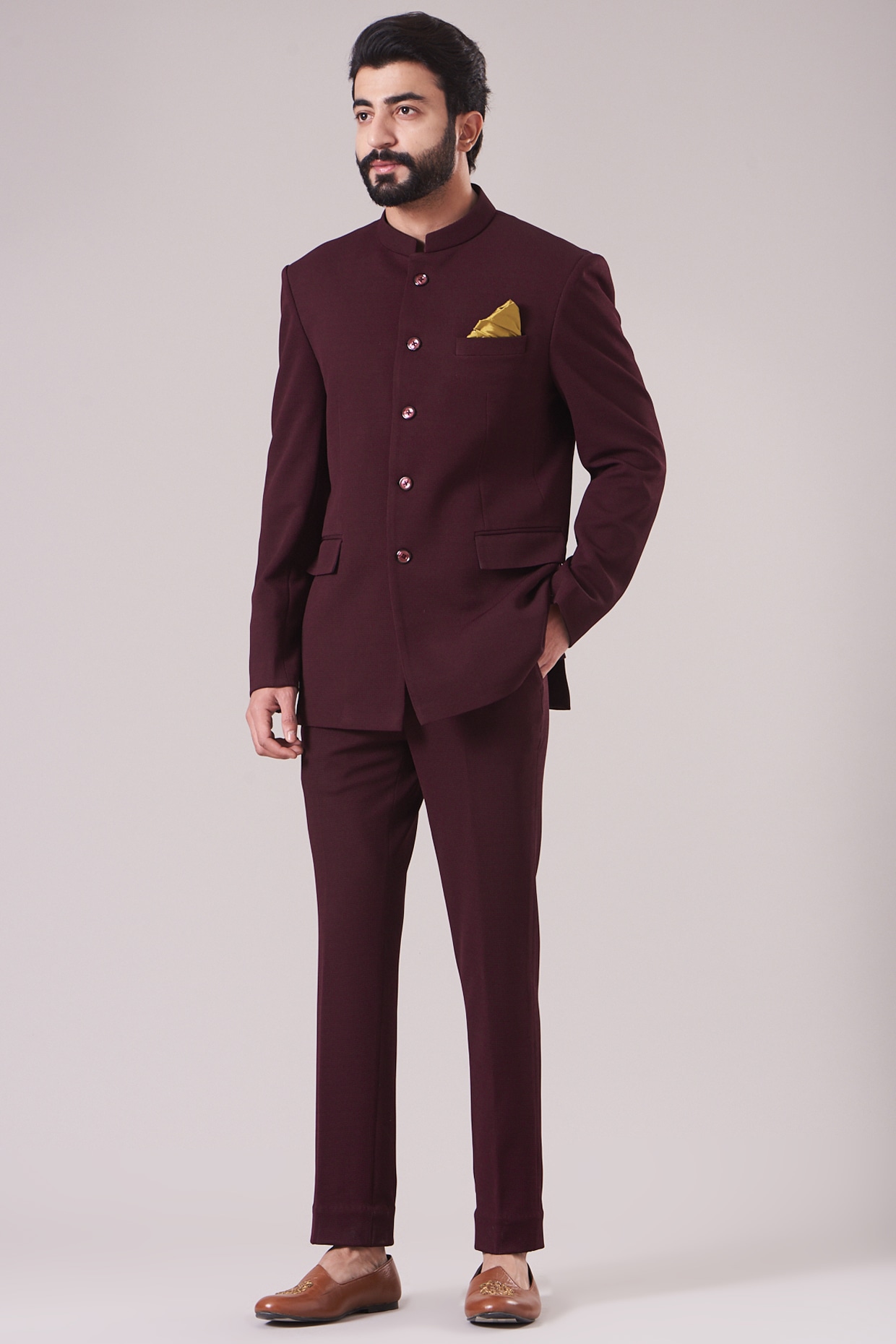 Wine Textured Bandhgala Jacket Set Design by Manish Nagdeo at