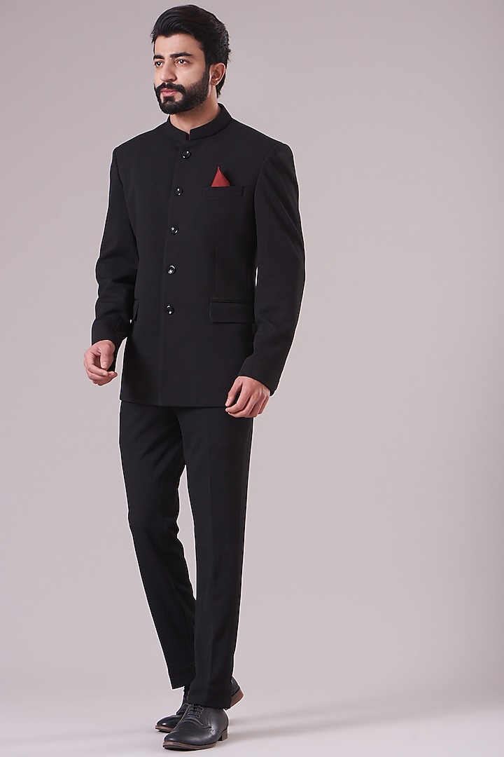 Black Textured Bandhgala Jacket Set by Manish Nagdeo
