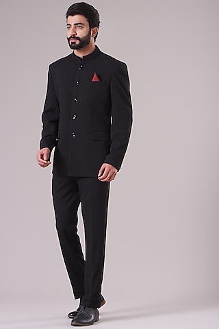 Black Textured Bandhgala Jacket Set by Manish Nagdeo Men