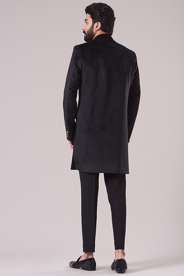 Black Viscose Velvet Wedding Indowestern Bandhgala Jacket Set by Manish Nagdeo Men at Pernia's Pop Up Shop