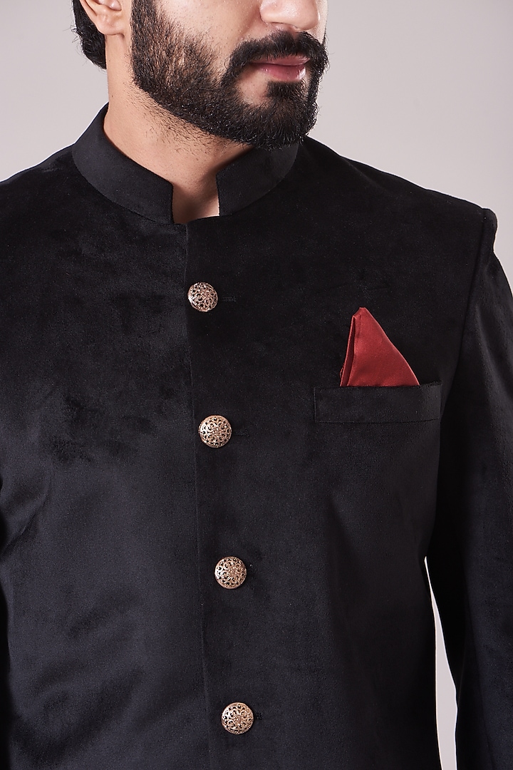 Black Viscose Velvet Wedding Indowestern Bandhgala Jacket Set by Manish Nagdeo Men at Pernia's Pop Up Shop