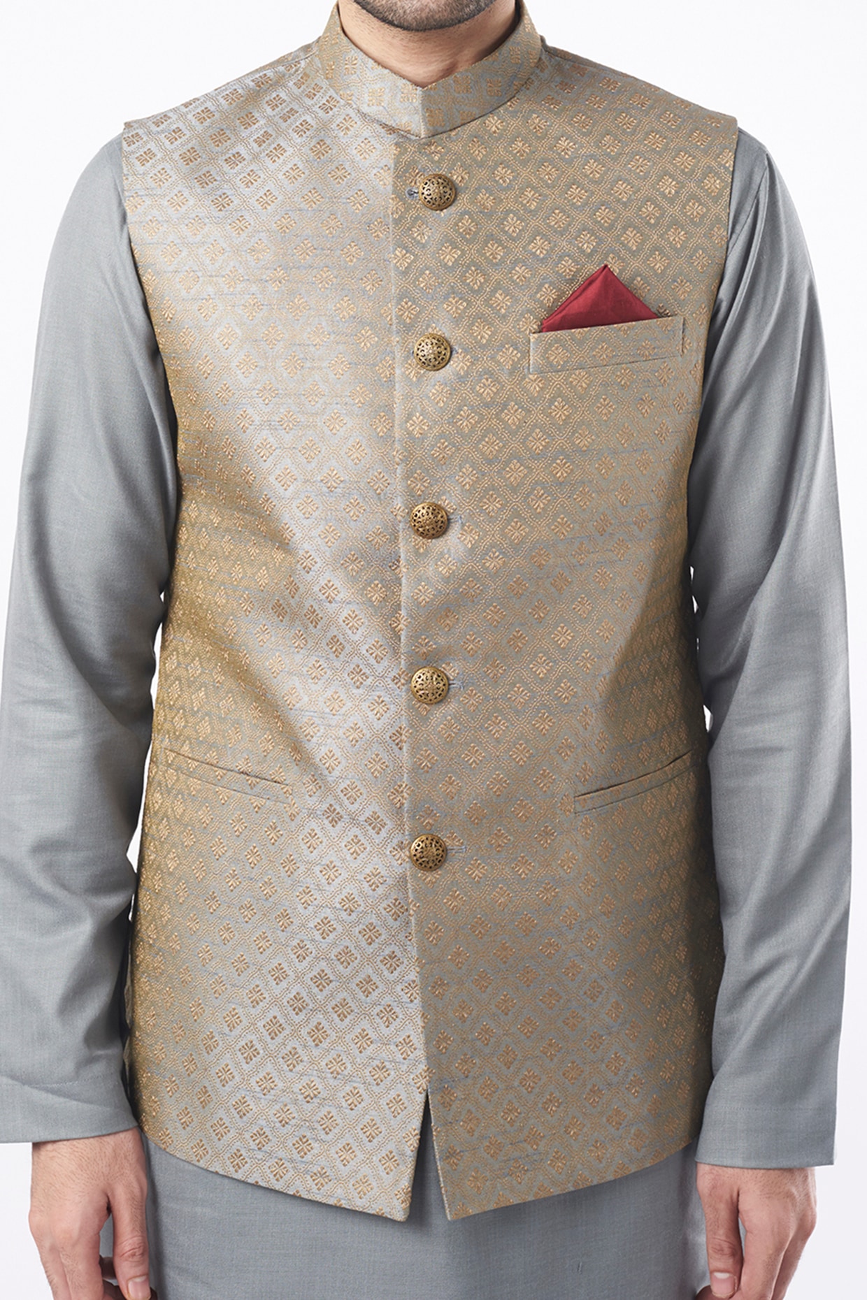 Grey Nehru Jacket With Kurta Set Design by Manish Nagdeo at