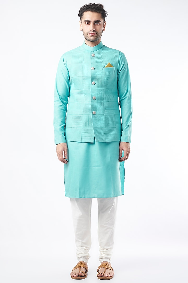 Turquoise Nehru Jacket With Kurta Set by Manish Nagdeo