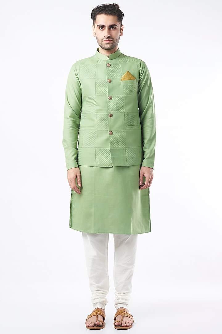 Green Nehru Jacket With Kurta Set by Manish Nagdeo