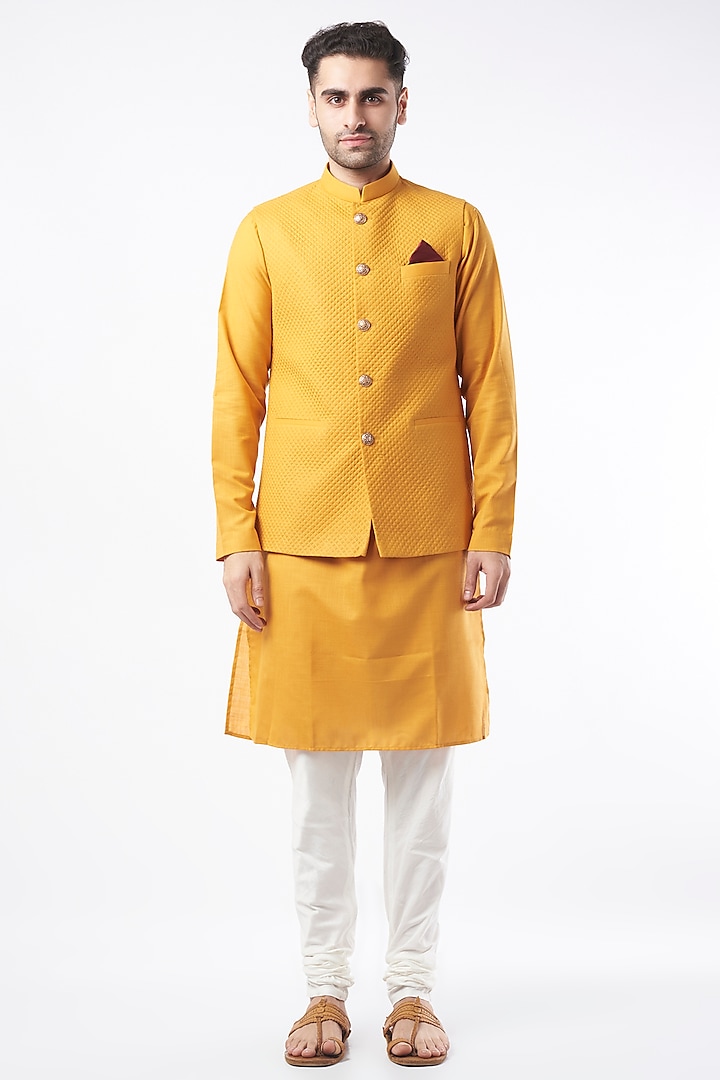 Mustard Nehru Jacket With Kurta Set by Manish Nagdeo