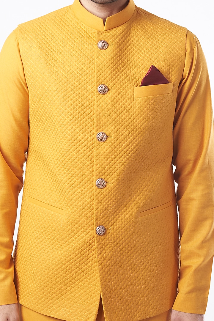 Mustard Nehru Jacket With Kurta Set by Manish Nagdeo Men at Pernia's Pop Up Shop