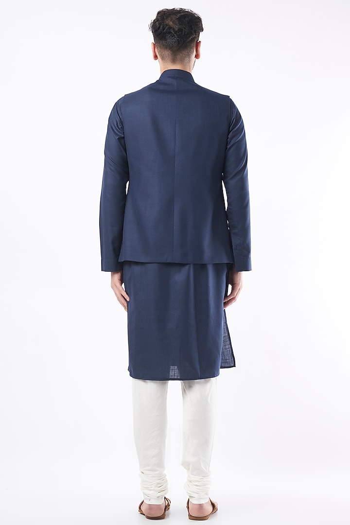 Navy Blue Cotton Matka Quilted Nehru Jacket Set by Manish Nagdeo Men at Pernia's Pop Up Shop