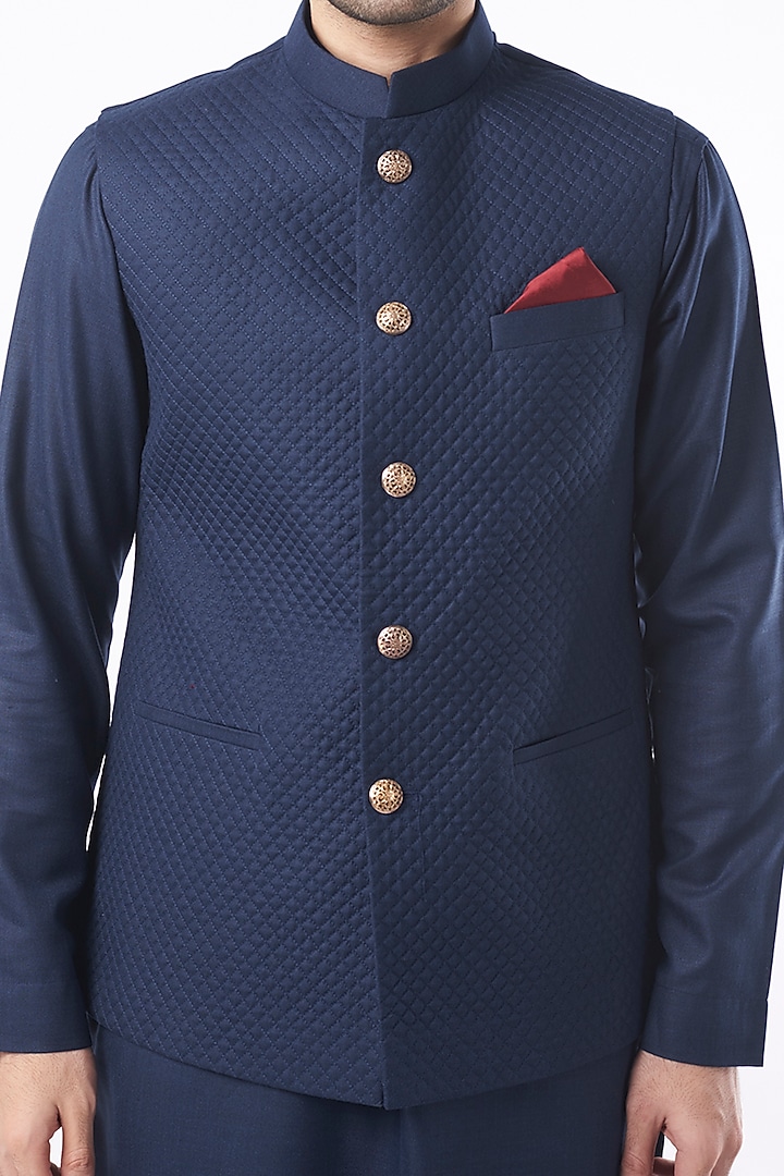 Navy Blue Cotton Matka Quilted Nehru Jacket Set by Manish Nagdeo Men at Pernia's Pop Up Shop