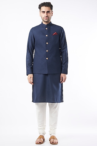 Navy Blue Cotton Matka Bundi Jacket by Manish Nagdeo Men