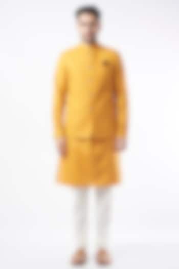 Mustard Cotton Matka Bundi Jacket by Manish Nagdeo
