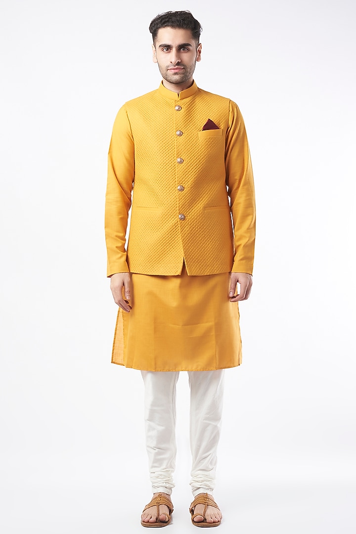 Mustard Cotton Matka Bundi Jacket by Manish Nagdeo Men at Pernia's Pop Up Shop