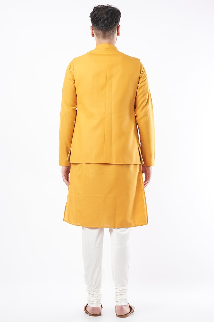 Mustard Cotton Matka Bundi Jacket by Manish Nagdeo Men at Pernia's Pop Up Shop