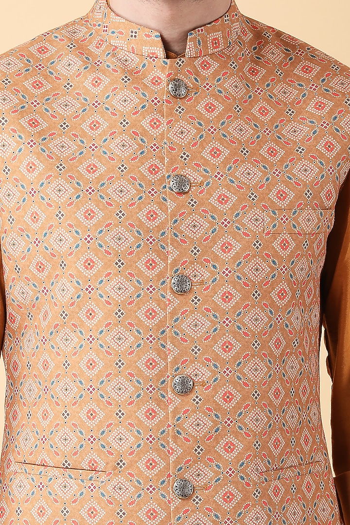 Mustard Ruby Cotton Silk Printed Bundi Jacket Set by Manish Nagdeo Men at Pernia's Pop Up Shop