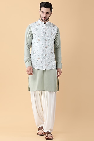 Green Ruby Cotton Silk Printed Bundi Jacket Set by Manish Nagdeo Men