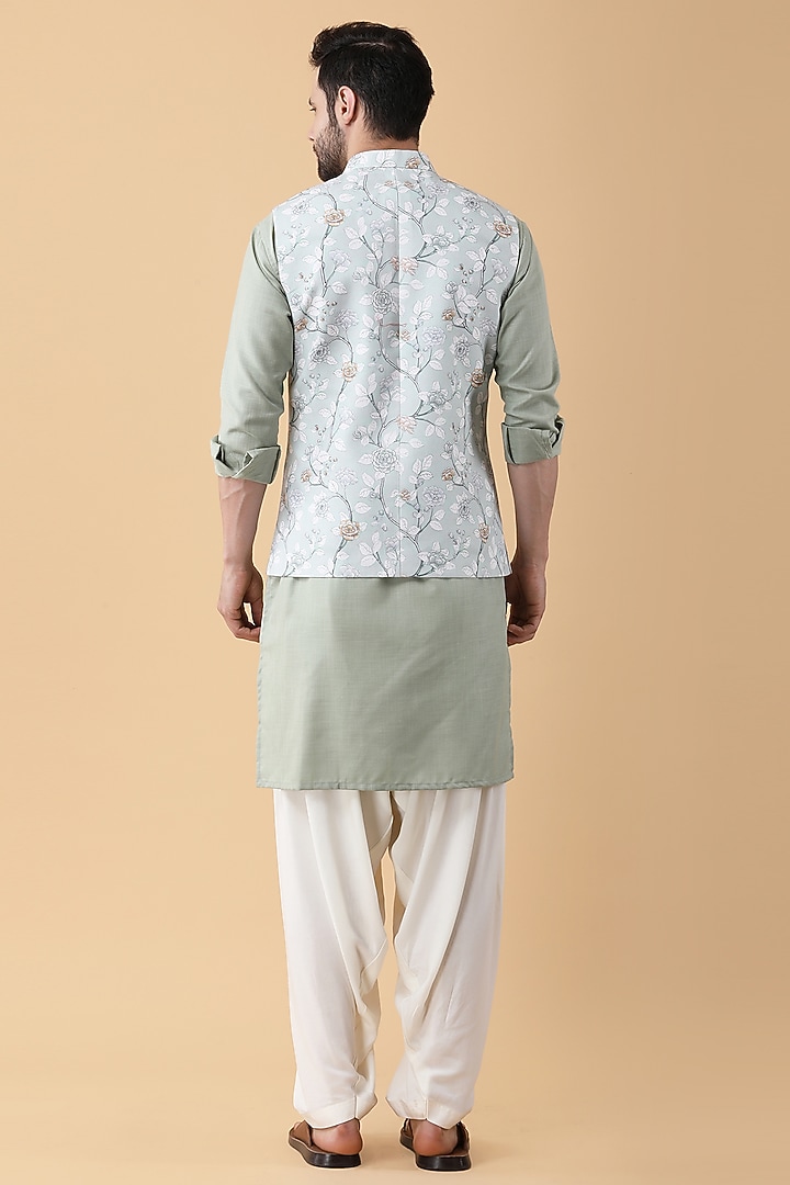 Green Ruby Cotton Silk Printed Bundi Jacket Set by Manish Nagdeo Men at Pernia's Pop Up Shop