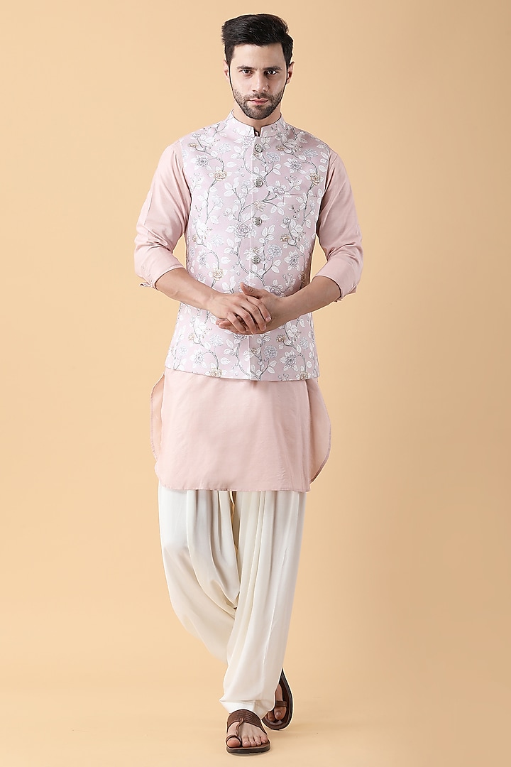 Pink Ruby Cotton Silk Printed Bundi Jacket Set by Manish Nagdeo