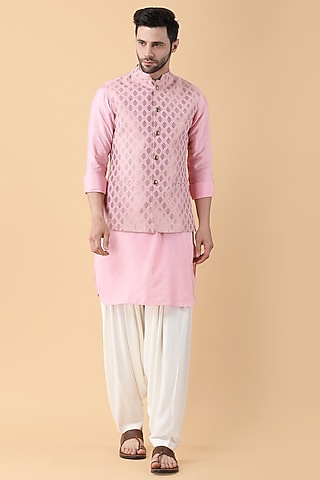 Pink Banarasi Jacquard Bundi Jacket Set by Manish Nagdeo Men