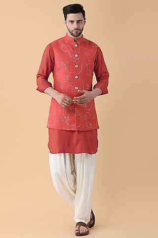 Rust Cotton Sequins Work Bundi Jacket Set by Manish Nagdeo Men
