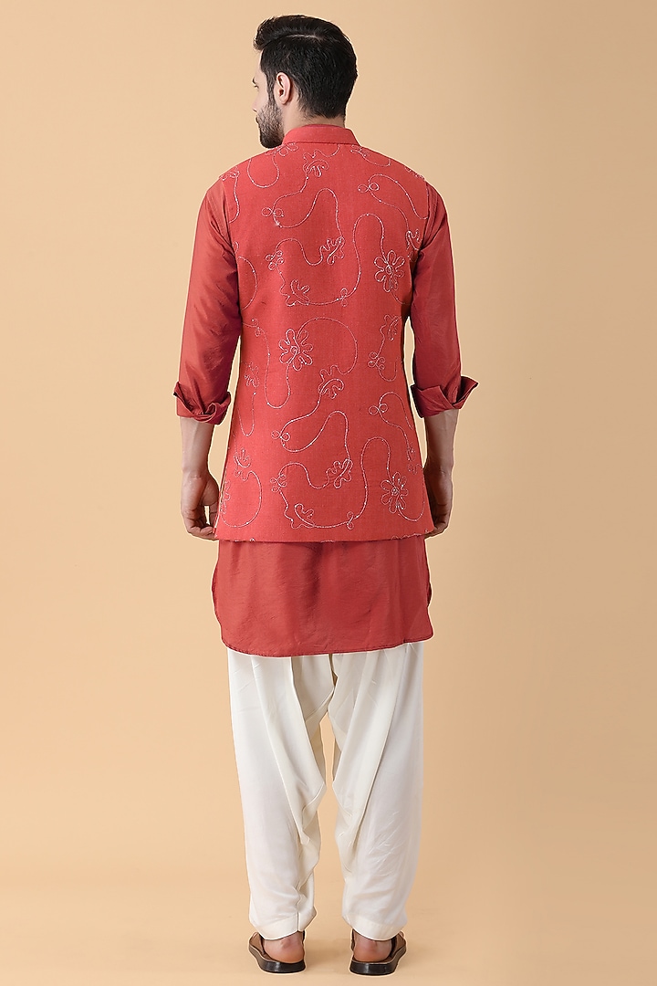 Rust Cotton Sequins Work Bundi Jacket Set by Manish Nagdeo Men at Pernia's Pop Up Shop