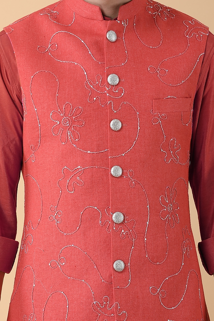 Rust Cotton Sequins Work Bundi Jacket Set by Manish Nagdeo Men at Pernia's Pop Up Shop