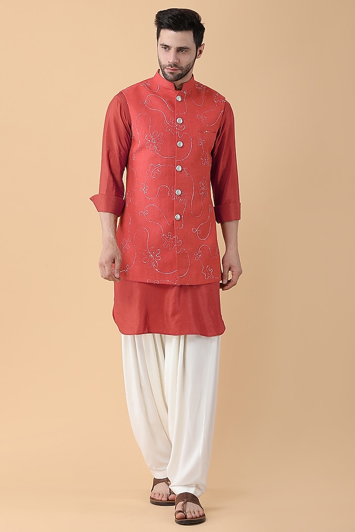 Rust Cotton Sequins Work Bundi Jacket Set by Manish Nagdeo Men at Pernia's Pop Up Shop