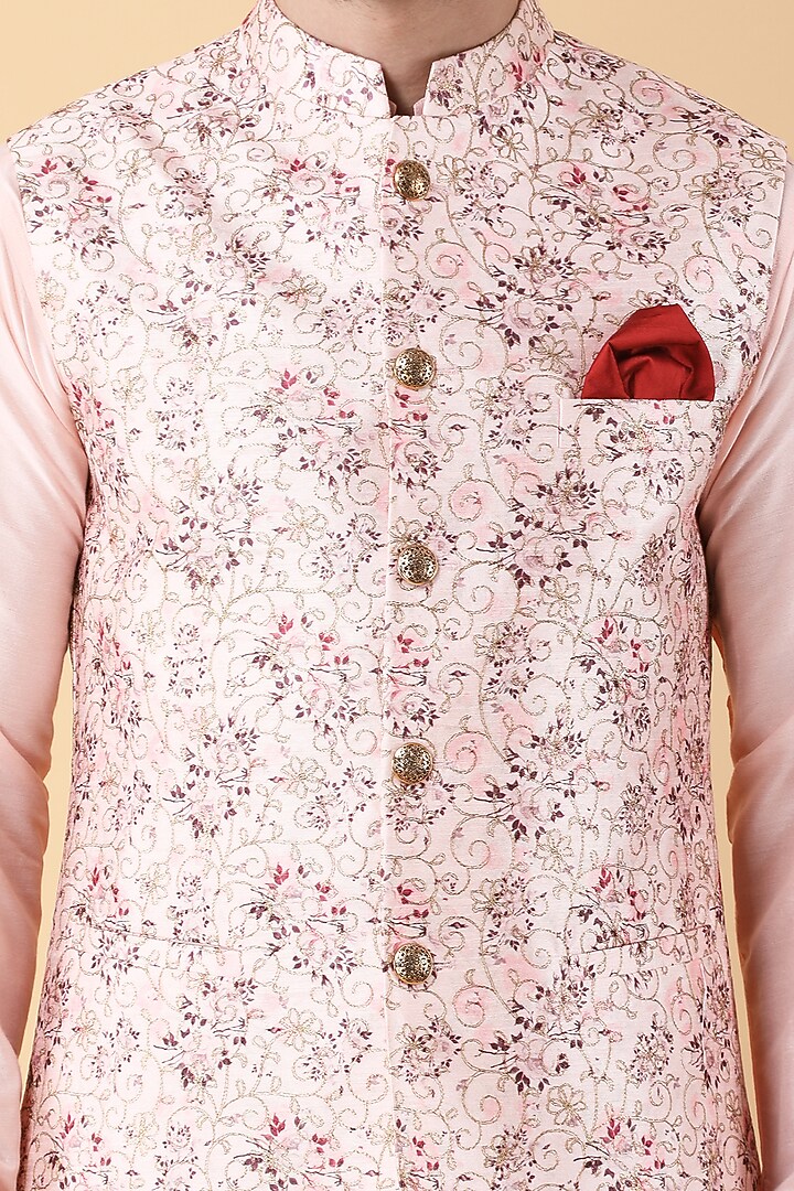 Peach Art Silk Printed Bundi Jacket Set by Manish Nagdeo Men at Pernia's Pop Up Shop