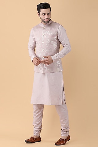 Pink Cotton Silk Sequins Embroidered Bundi Jacket Set by Manish Nagdeo Men