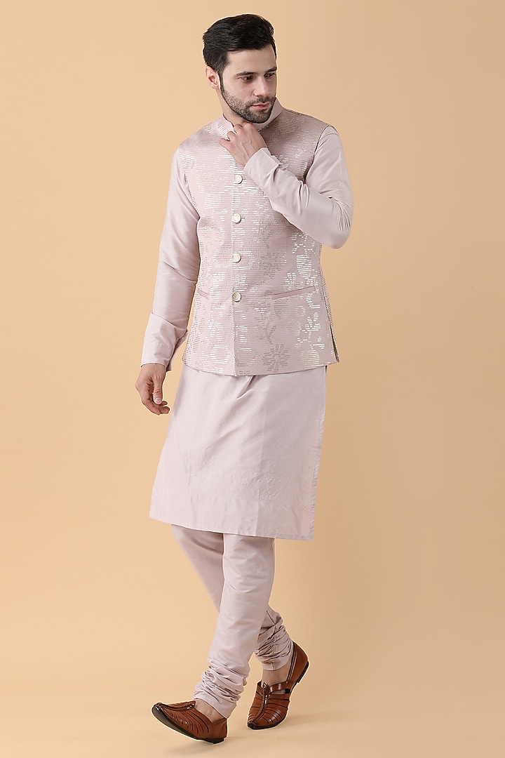 Pink Cotton Silk Sequins Embroidered Bundi Jacket Set by Manish Nagdeo Men at Pernia's Pop Up Shop
