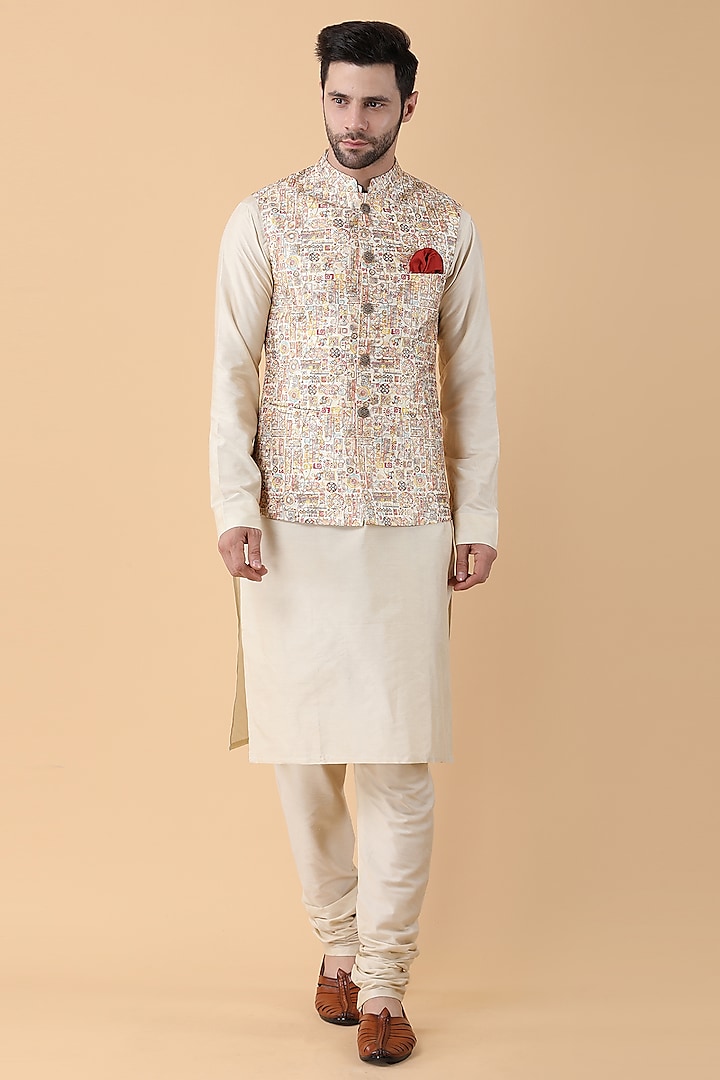 Beige Art Silk Printed Bundi Jacket Set by Manish Nagdeo