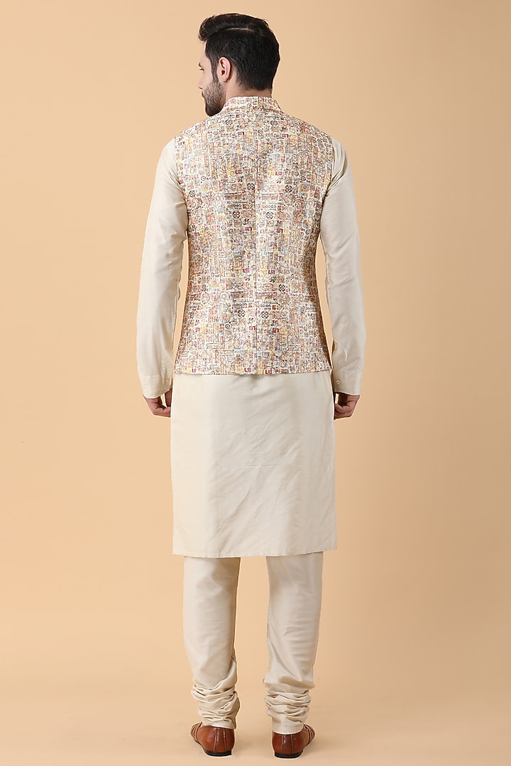 Beige Art Silk Printed Bundi Jacket Set by Manish Nagdeo Men at Pernia's Pop Up Shop