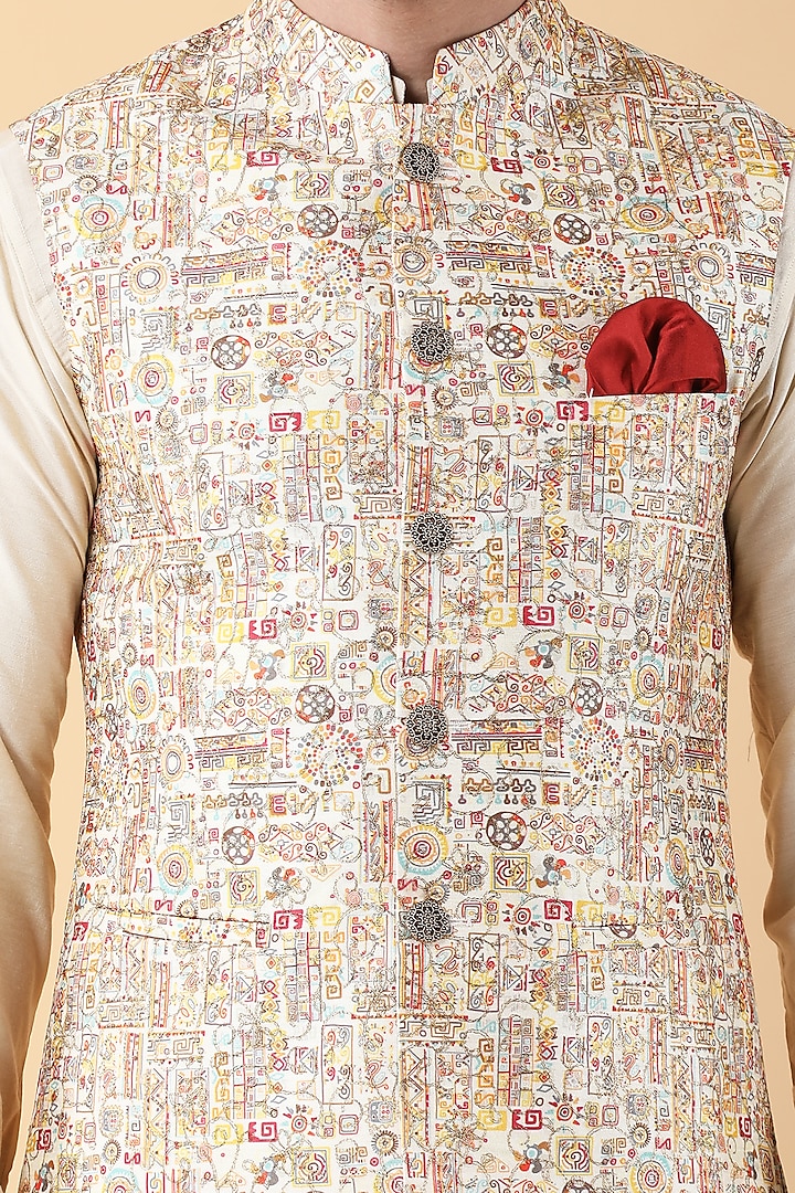 Beige Art Silk Printed Bundi Jacket Set by Manish Nagdeo Men at Pernia's Pop Up Shop