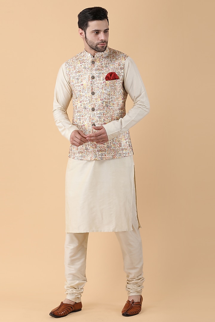 Beige Art Silk Printed Bundi Jacket Set by Manish Nagdeo Men at Pernia's Pop Up Shop