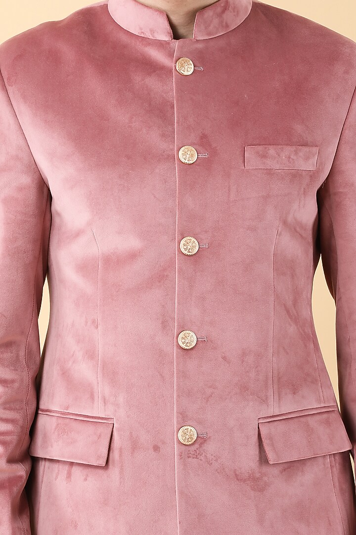 Onion Pink Velvet Wedding Bandhgala Set by Manish Nagdeo Men at Pernia's Pop Up Shop