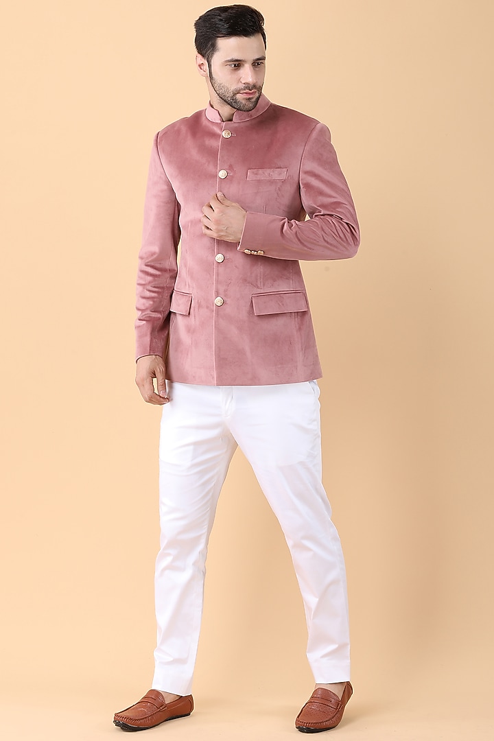Onion Pink Velvet Wedding Bandhgala Set by Manish Nagdeo Men at Pernia's Pop Up Shop