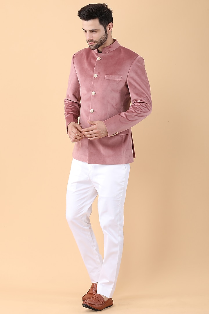 Onion Pink Velvet Wedding Bandhgala Set by Manish Nagdeo Men at Pernia's Pop Up Shop
