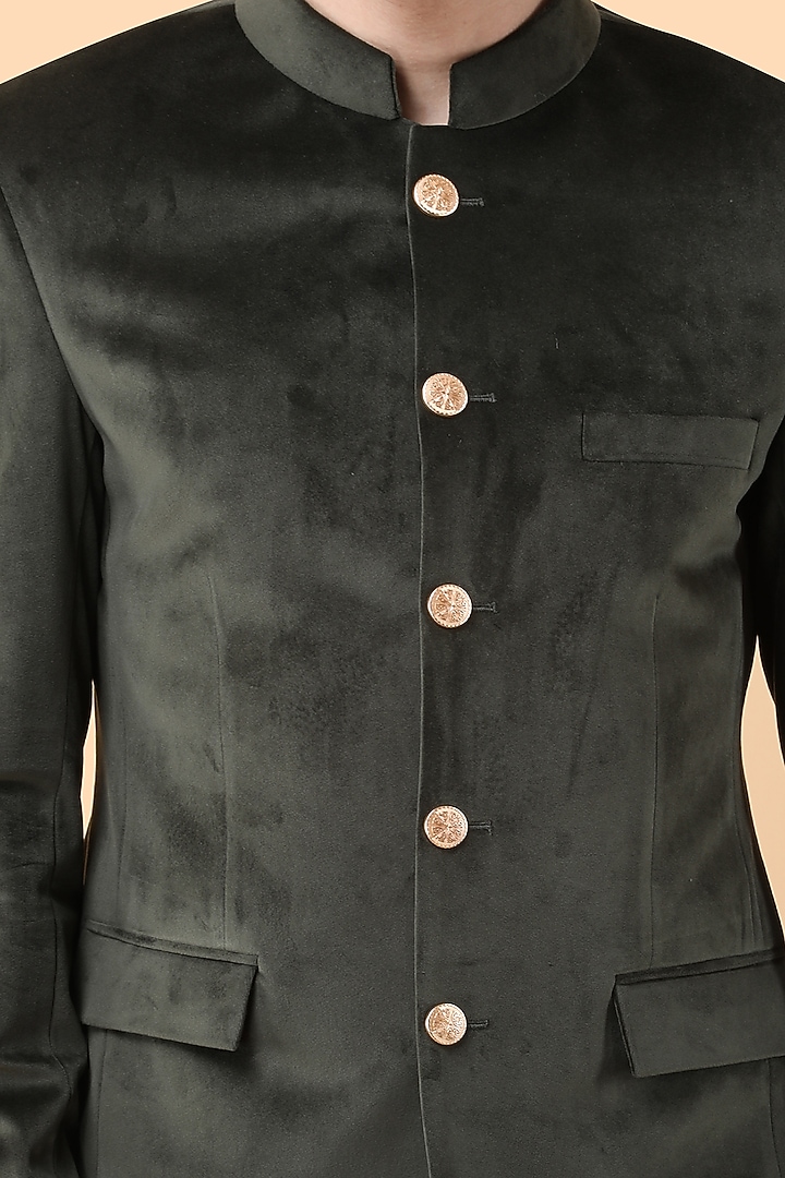 Emerald Green Velvet Wedding Bandhgala Set by Manish Nagdeo Men at Pernia's Pop Up Shop