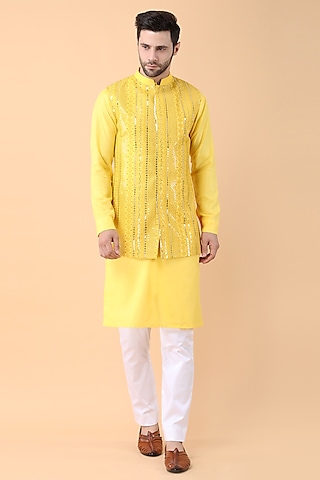 Yellow Cotton Silk Sequins Embroidered Bundi Jacket Set by Manish Nagdeo Men