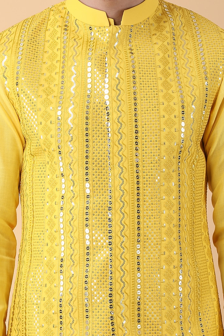 Yellow Cotton Silk Sequins Embroidered Bundi Jacket Set by Manish Nagdeo Men at Pernia's Pop Up Shop