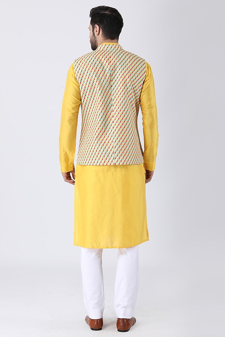 Multi-Colored Ruby Cotton Silk Asymmetric Bundi Jacket Set by Manish Nagdeo Men at Pernia's Pop Up Shop