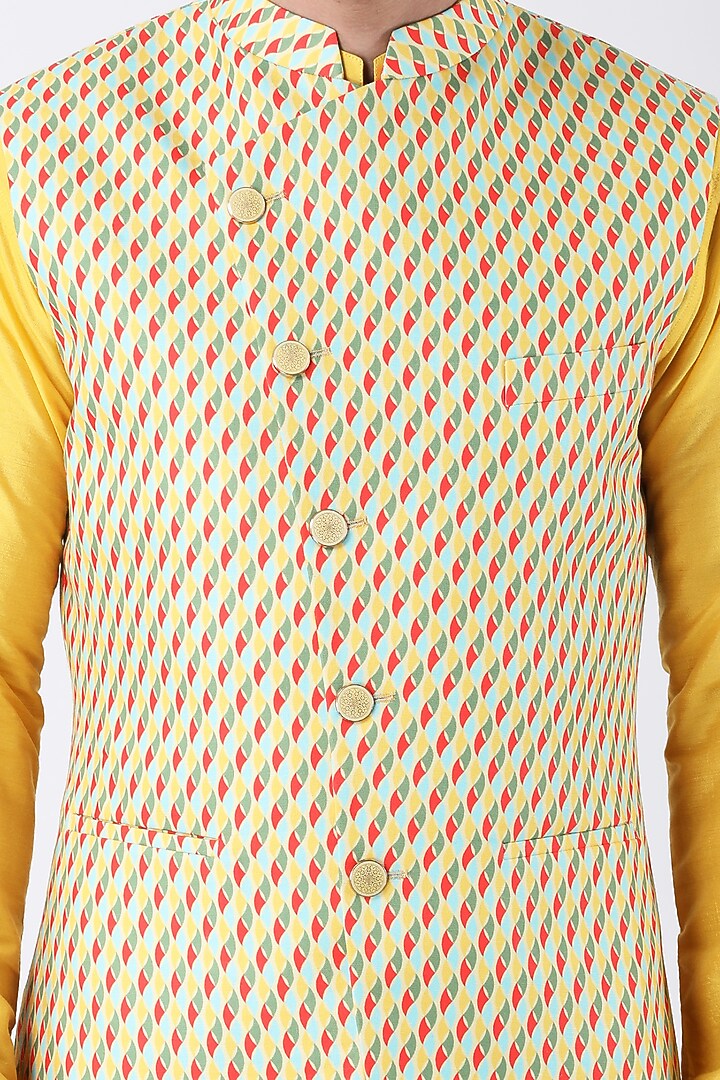 Multi-Colored Ruby Cotton Silk Asymmetric Bundi Jacket Set by Manish Nagdeo Men at Pernia's Pop Up Shop
