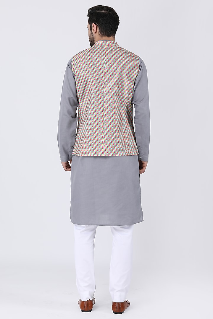 Multi-Colored Ruby Cotton Silk Asymmetric Bundi Jacket Set by Manish Nagdeo Men at Pernia's Pop Up Shop