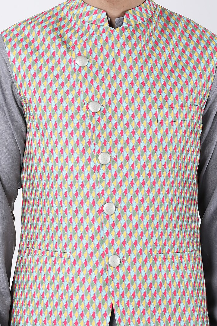 Multi-Colored Ruby Cotton Silk Asymmetric Bundi Jacket Set by Manish Nagdeo Men at Pernia's Pop Up Shop
