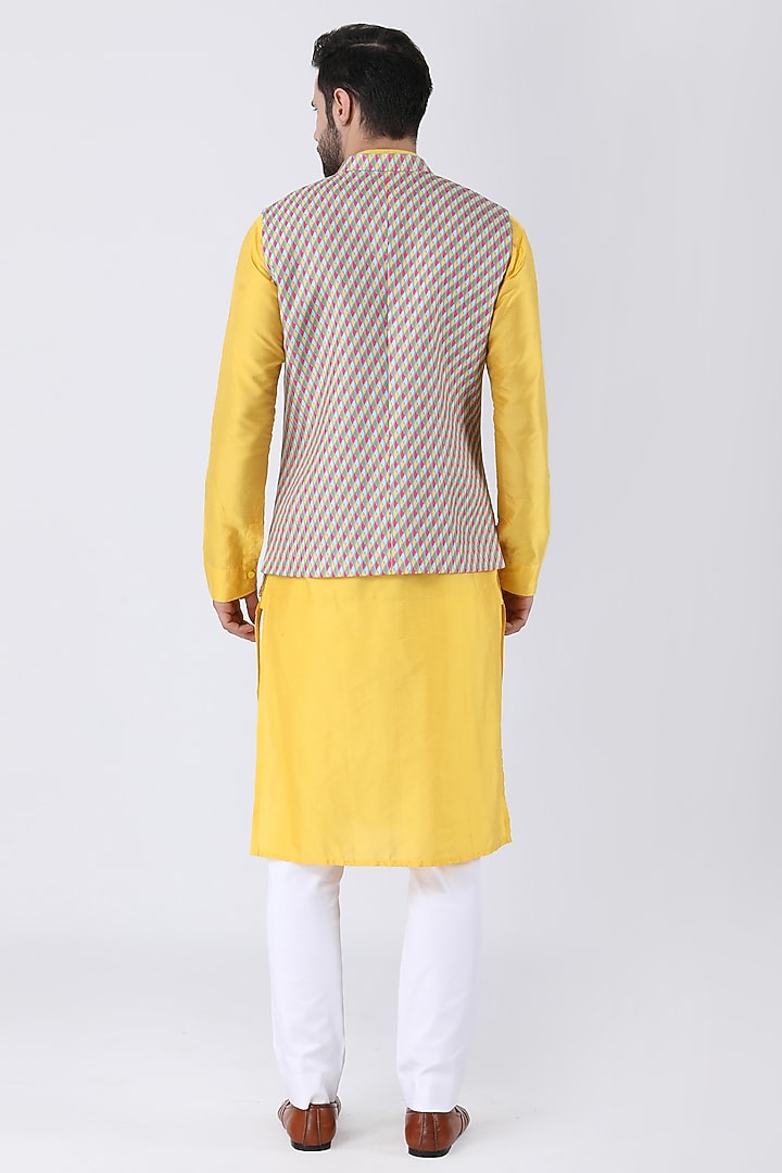 Multi-Colored Ruby Cotton Silk Asymmetric Bundi Jacket Set by Manish Nagdeo Men at Pernia's Pop Up Shop