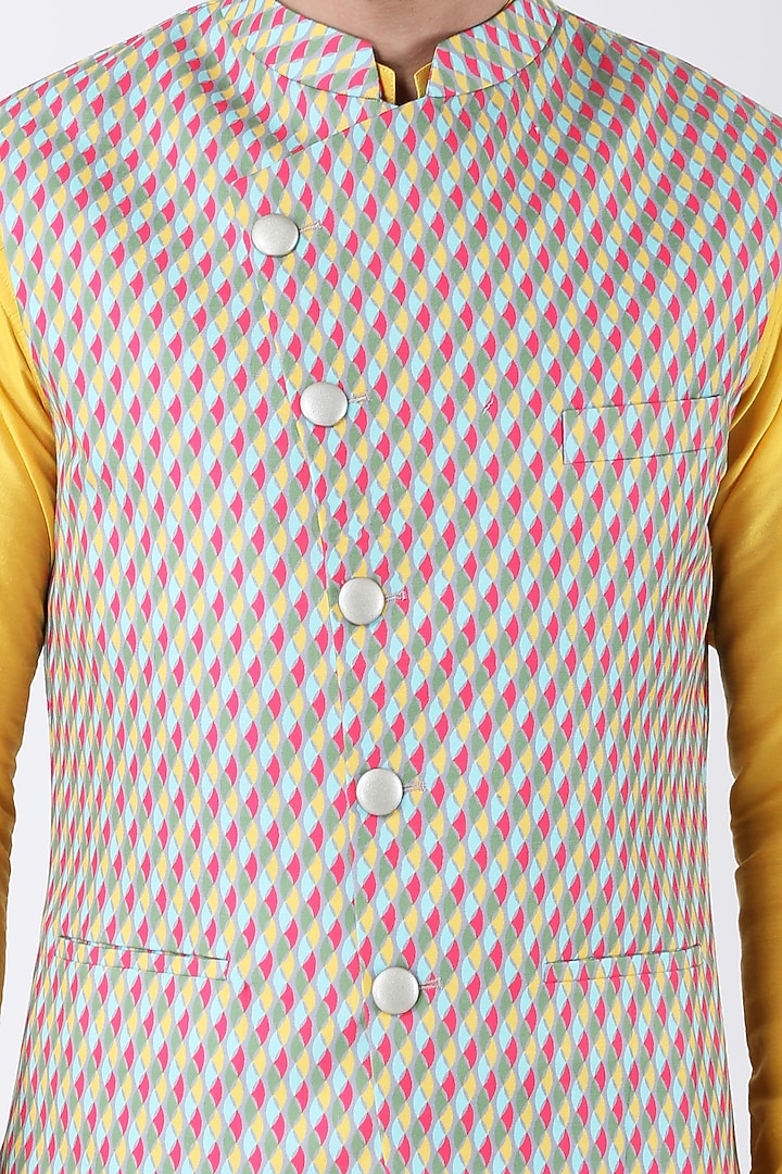 Multi-Colored Ruby Cotton Silk Asymmetric Bundi Jacket Set by Manish Nagdeo Men at Pernia's Pop Up Shop