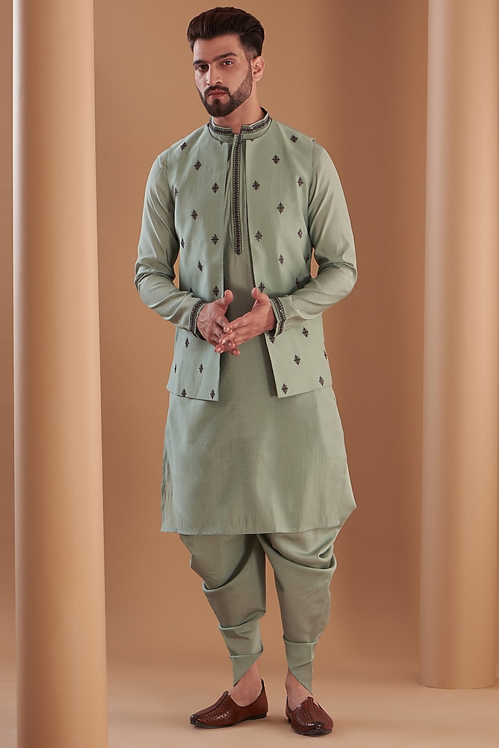 Green Modal Embroidered Indowestern Set by Manish Nagdeo