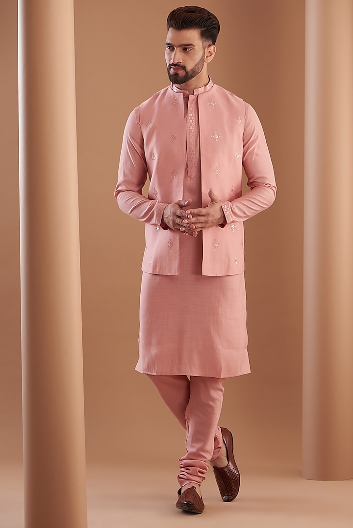 Pink Modal Embroidered Indowestern Set by Manish Nagdeo Men