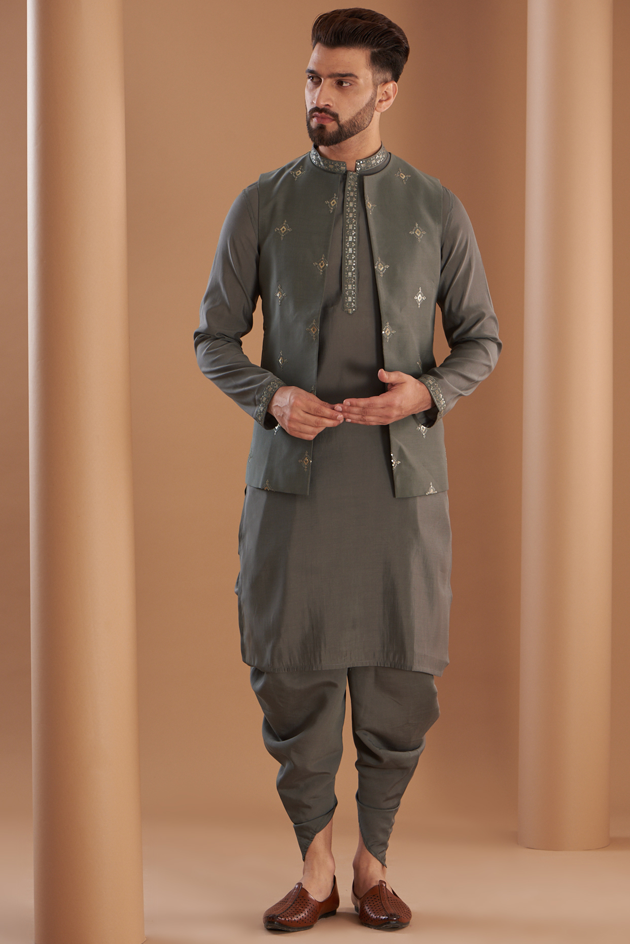 Grey Modal Embroidered Indowestern Set by Manish Nagdeo Men